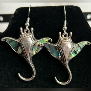Handmade Abalone Silver & Green Manta Ray Metal Earrings Brand New